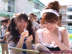 Cosplay teens cockriding at pool party