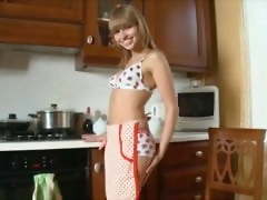 Sexy teen Aina rides huge dildo in the kitchen