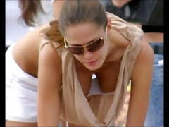 Amateur women public braless on street