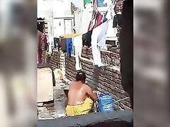 Aunty Bathing Topless in Terrace..