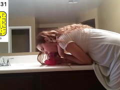 Riding pink dildo in mirror before date